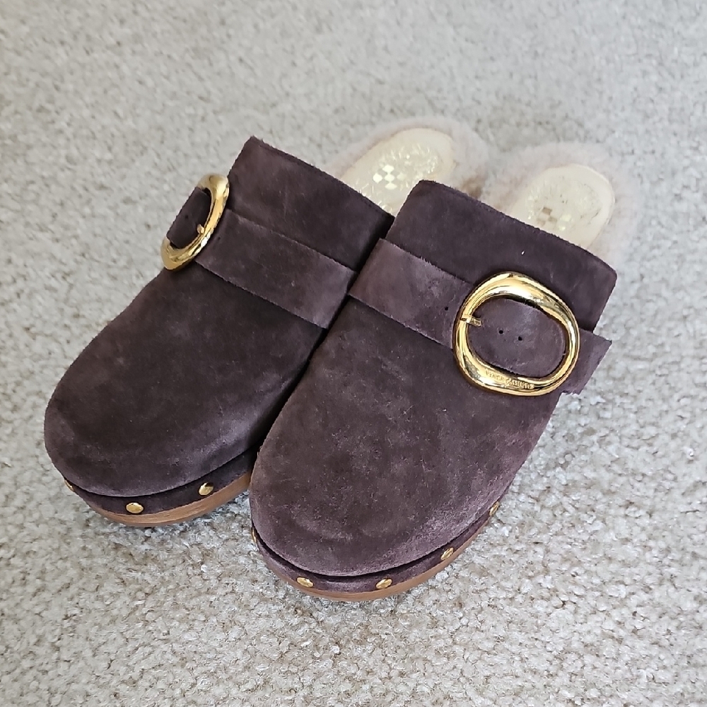 Vince Camuto Canzanee Brown Suede Clogs with Gold Buckle